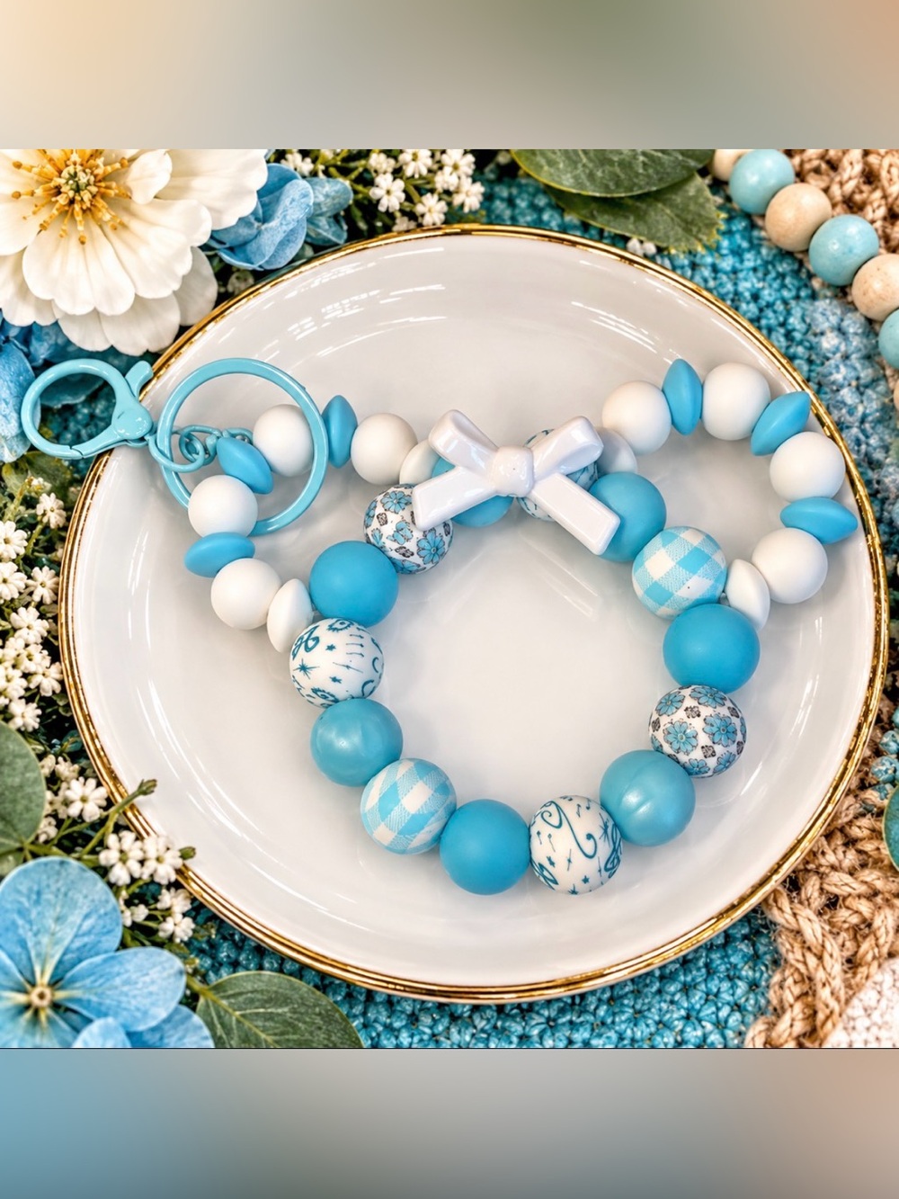 Hand Crafted Blue & White Beaded Keychain Ears with Bow Accent